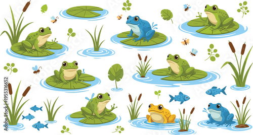 Cute frogs on lily pads set with pond plants, fish and insects, cartoon amphibian characters in water habitat, nature vector illustration collection for kids