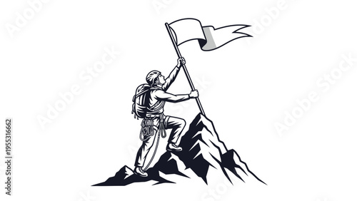 Climber Planting Flag Mountain.