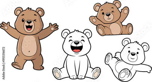 Cute teddy bear cartoon character set with happy sitting and playful poses adorable baby toy animal vector illustration