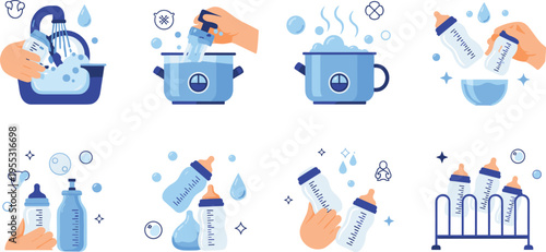 Baby bottle cleaning and sterilizing process set, washing boiling and drying infant feeding equipment vector illustration
