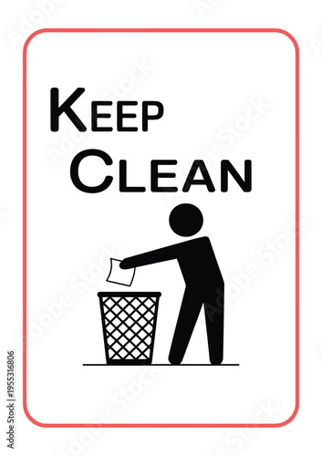 Keep clean symbol with person disposing of waste in receptacle for tidiness and environmental care