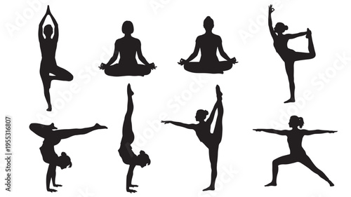 Silhouettes of women performing various yoga poses, including warrior, tree, and handstand, on a white background.