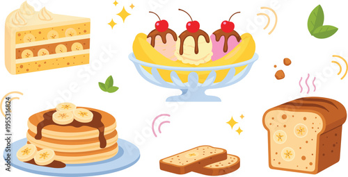 Banana dessert set with pancakes cake ice cream and bread, sweet bakery food vector illustration collection