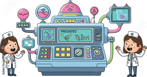 Cute Scientists Operating Futuristic Laboratory Machine for Genetic Engineering and DNA Research Technology Cartoon Vector Illustration