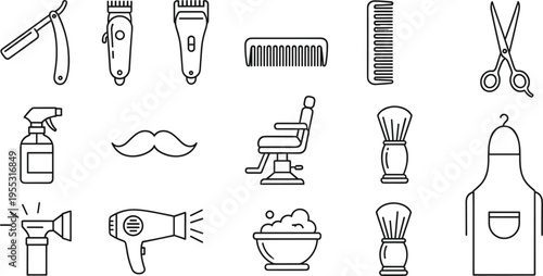 Barbershop tools outline icon set with scissors, razor, clippers, comb, hairdryer and shaving equipment, professional barber accessories vector illustration in line style