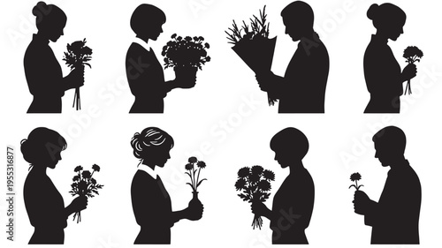 Silhouettes of people holding flowers and plants, depicting gifting and appreciation in various poses and styles.