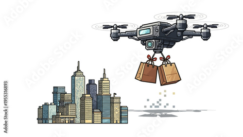 Drone Delivering Packages City.