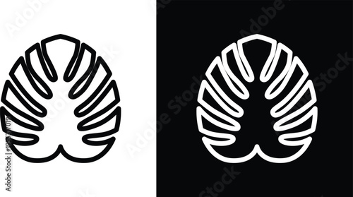 Monstera deliciosa plant leaf icon pack in black and white colors
