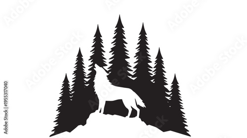 Wolf howling silhouette atop a rocky outcrop amidst a forest of tall pine trees, representing wild nature and freedom