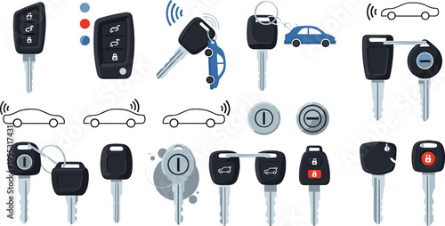 Car keys and remote control set with automotive key fobs, lock and unlock system icons, vehicle security and access technology vector illustration collection