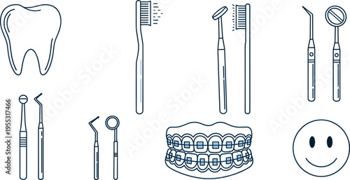 Dental care line icons set with toothbrush braces tooth tools and oral hygiene equipment vector outline illustration collection