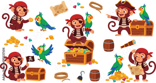 Cute Pirate Monkey Character Set with Parrot Companions Treasure Chests Gold Coins Map and Nautical Accessories for Children Adventure Illustrations and Games