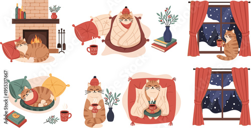 Cozy winter cats at home set with fireplace blanket and hot drinks, cute домашние scenes vector illustration collection
