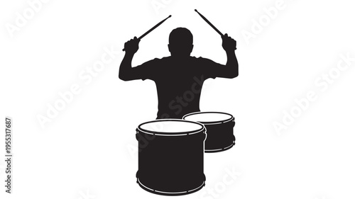 Drums with a silhouetted musician holding drumsticks high above, ready to play featuring drummer, silhouette, percussion with music and rhythm