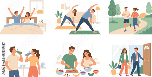 Healthy Couple Lifestyle Illustration Set with Morning Routine, Exercise, Running, Hydration, Cooking, and Outdoor Walks for Wellness and Fitness Designs
