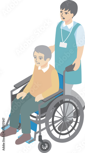 Isometric Illustration of Elderly Man in Wheelchair and Caregiver - Nursing, Welfare, and Healthcare Vector Material
