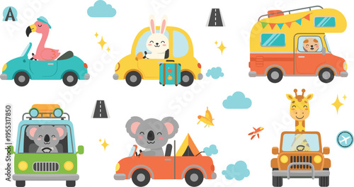 Cute animals driving cars set, funny travel and road trip cartoon characters vector illustration collection