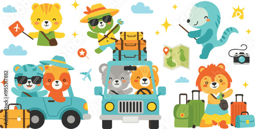 Cute animals traveling set with car, luggage and adventure elements, cartoon safari characters on vacation trip, tourism and holiday vector illustration for kids