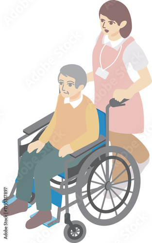 Isometric Illustration of Elderly Man in Wheelchair and Caregiver - Nursing, Welfare, and Healthcare Vector Material