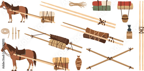 Horse-Drawn Cargo Transport with Bundled Goods, Wooden Poles, and Traditional Packing Materials in Rural Environments