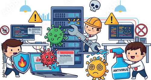 Cyber security protection concept with antivirus software malware removal system warning and technicians fixing computer virus vector illustration