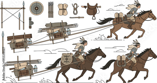 Native Rider with Horse-Drawn Pack Saddle Carrying Supplies, Weapons, and Gear through Wilderness