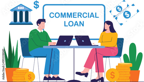 Business people sitting at office desk discussing commercial loan agreement with bank building and money icons flat vector illustration.