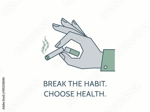 Vector illustration featuring a hand holding a lit cigarette, accompanied by an urgent message to break the habit and choose a healthier lifestyle