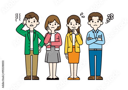 困る・悩む・考える表情・ポーズの、複数の若いビジネスパーソンの全身ベクターイラスト素材
