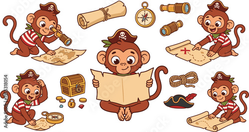 Pirate Monkey Adventure Icon Set with Treasure Maps, Compass, Spyglass, and Pirate Accessories for Kids' Illustrations and Designs