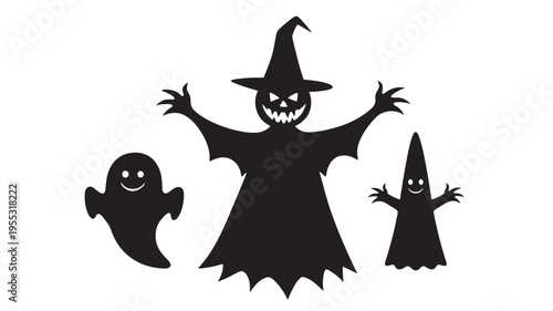 Spooky Halloween ghosts and a witch silhouettes with a jack-o'-lantern face and outstretched arms on a white background.