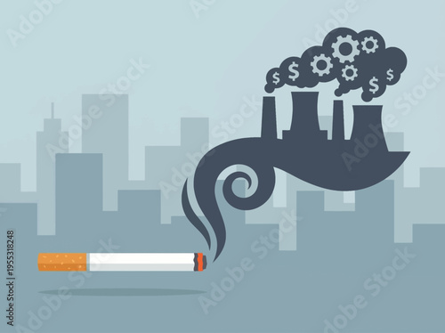 Graphic illustrating the dual threats of industrial factory pollution and cigarette smoking, symbolizing environmental damage and health risks in an urban setting