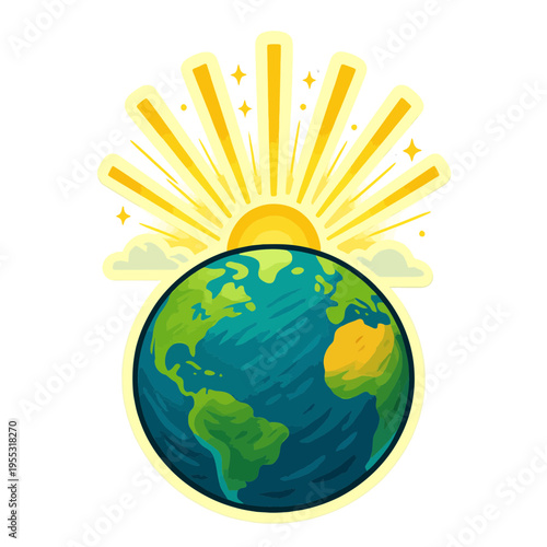 Earth Sprouting Light Beams Representing Hope and Global Renewal | Hope Sticker Symbolizing Positive Energy, Growth, and Emerging Possibilities | Minimalist Earth Emblem Illustrating Radiating Light 