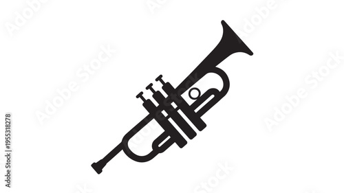 Trumpet musical instrument with three valves and a bell, isolated on a white background, presented in a black silhouette.