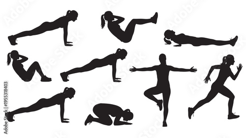 Silhouettes of women performing various fitness exercises, including push-ups, crunches, and running.