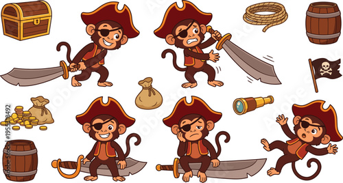 Pirate Monkey Icon Set with Swords, Treasure Chest, Coins, and Pirate Accessories for Cartoon and Adventure Designs