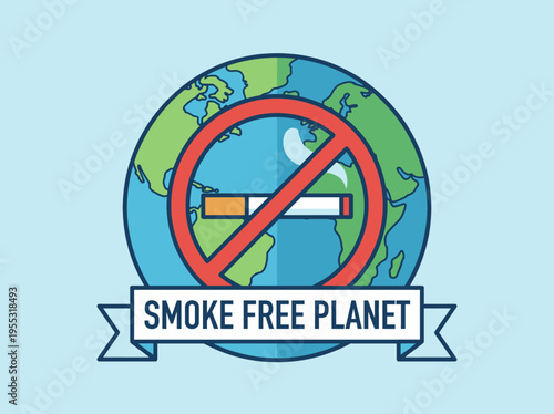 Illustration representing a smoke-free planet with a crossed-out cigarette over the Earth, symbolizing a healthier world for all