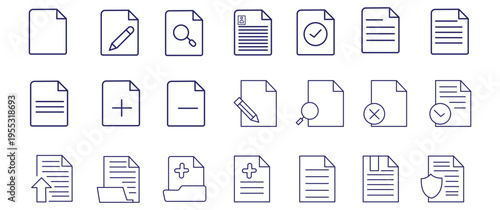 Document set of web icons in line style. Documents linear icon collection. Containing contract papers, folder, certificate, accept, approved, clipboard, invoice, archive and more. Editable