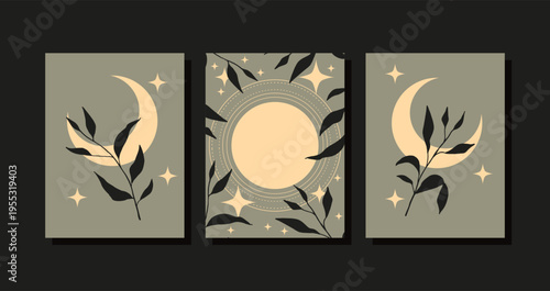 Wall art boho set. Set of alchemy magic posters with moon and stars