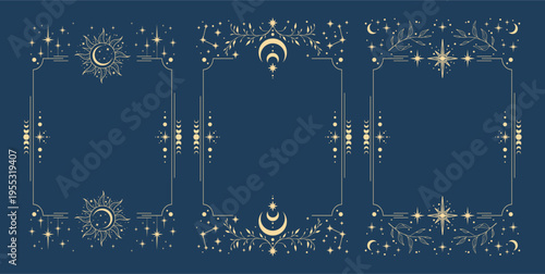 Magical esoteric frame. Mystical decoration with moon, stars, herbs isolated on blue background. Vector illustration. 