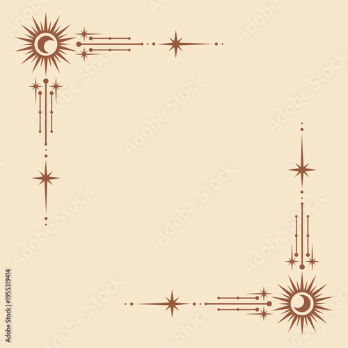 Magic celestial square frame with sun, stars, moon and copy space. Mystic frame for tarot, esoteric, astrology design. Beige color