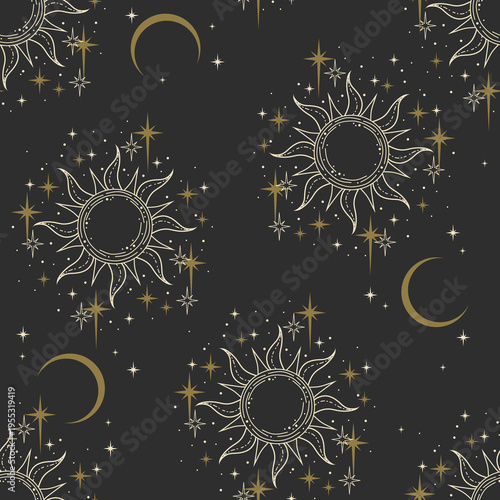Vector seamless pattern with sun and crescents. Mystical esoteric background for design of fabric, packaging, astrology, phone case, wrapping paper.