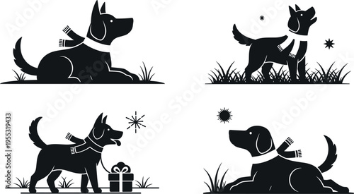 Dog with Christmas scarf silhouettes set cute pet playing with gift snowflakes winter holiday vector illustration