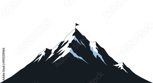 Mountain peak success concept with a solitary flag planted firmly at the highest point