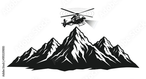Black helicopter with a powerful searchlight flying above a majestic mountain range.