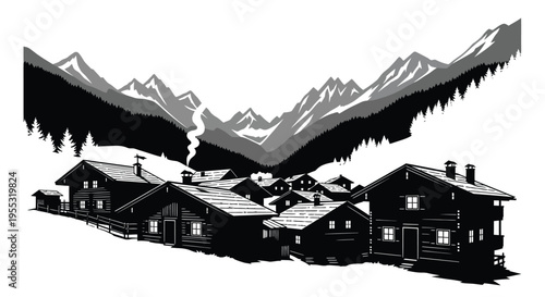 Black and white illustration depicting a cozy alpine village nestled within dramatic mountain ranges