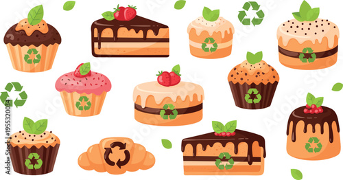 Eco friendly bakery desserts with recycle symbols sustainable cakes cupcakes and pastries environmental concept vector illustration set