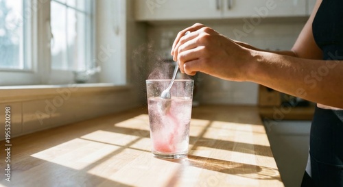 Woman stirring pink electrolyte powder into water glass