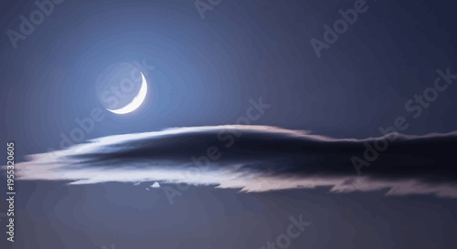 Crescent moon shines brightly in dark night sky above rolling clouds