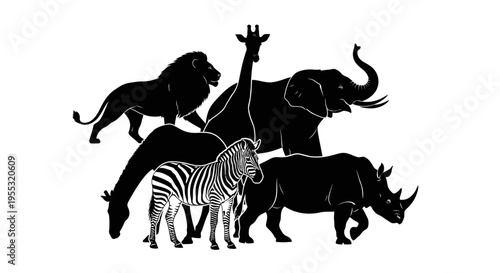 Black silhouettes of savannah animals including lion giraffe elephant zebra and rhino on white background wildlife concept